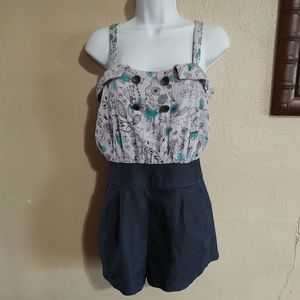 Vintage Inspired Romper Bird Print High Waisted Pleated Pockets Sailor SZ Small